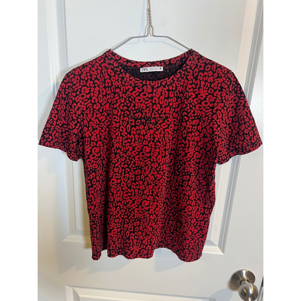 Zara Womens T-shirt Leopard Print Follow Your Intuition Red S